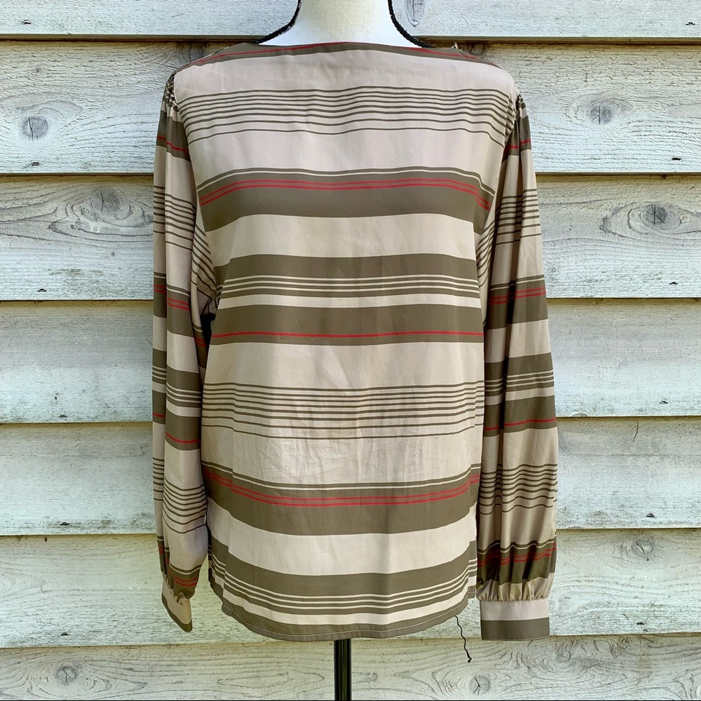 Vintage 80s Tan Striped Boat Neck Collarless Long Sleeve Popover Semi Sheer Top